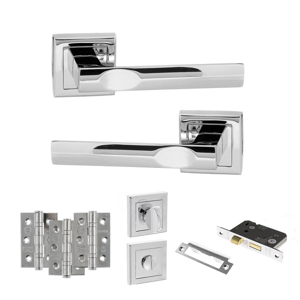 STATUS Kansas Door Handle Pack (Bathroom Set - 2.5" CE Bathroom Lock, 3" Fire Rated Hinges x3) - Polished Chrome - ADPS24SPC8 - Choice Handles
