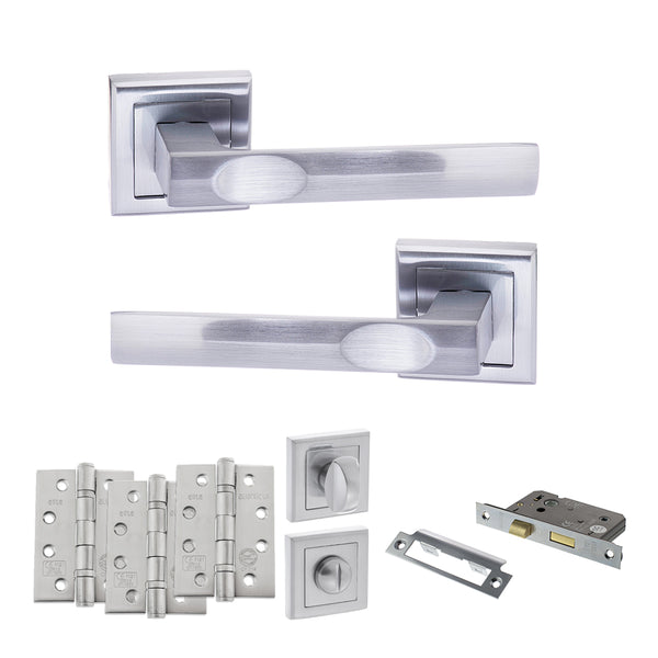 STATUS Kansas Door Handle Pack (Bathroom Set - 3" CE Bathroom Lock, 4" Fire Rated Hinges x3) - Satin Chrome - ADPS24SSC11 - Choice Handles