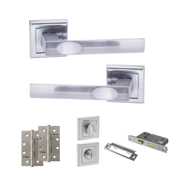 STATUS Kansas Door Handle Pack (Bathroom Set - 3" CE Bathroom Lock, 4" Slim Knuckle Hinges x2) - Satin Chrome - ADPS24SSC13 - Choice Handles
