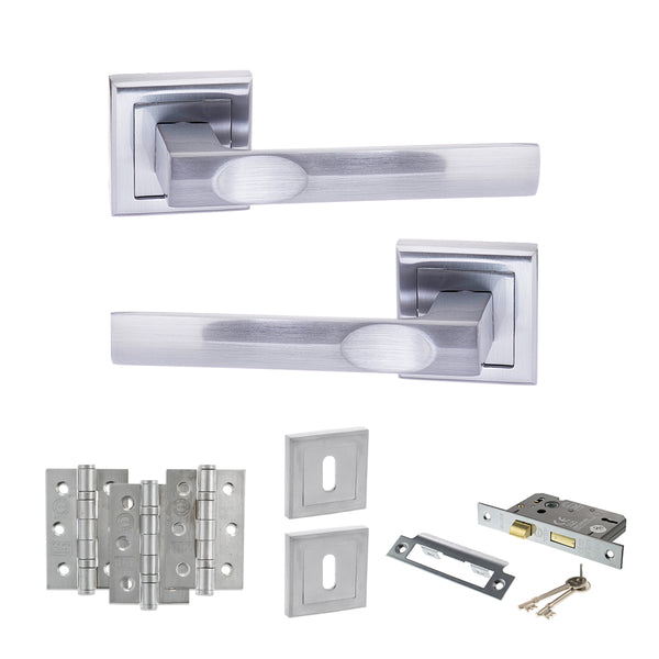 STATUS Kansas Door Handle Pack (3 Lever Lock Set - 3" CE Sashlock, 3" Fire Rated Hinges x3) - Satin Chrome - ADPS24SSC15 - Choice Handles