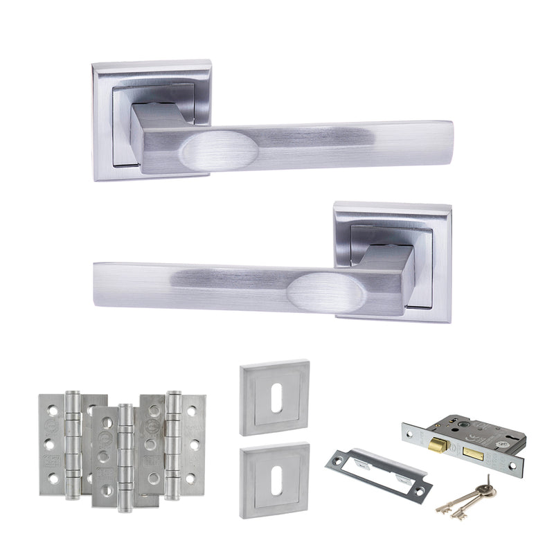 STATUS Kansas Door Handle Pack (3 Lever Lock Set - 3" CE Sashlock, 3" Fire Rated Hinges x3) - Satin Chrome - ADPS24SSC15 - Choice Handles