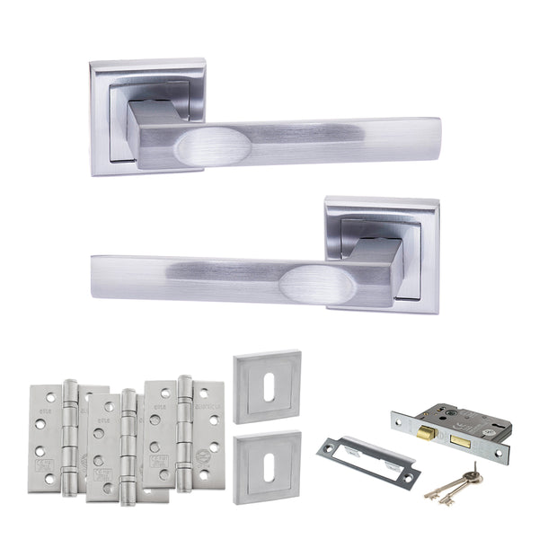 STATUS Kansas Door Handle Pack (3 Lever Lock Set - 2.5" CE Sashlock, 4" Fire Rated Hinges x3) - Satin Chrome - ADPS24SSC16 - Choice Handles