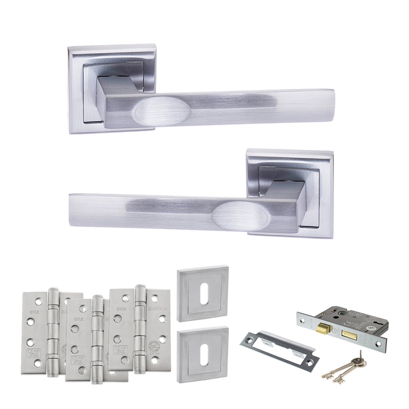STATUS Kansas Door Handle Pack (3 Lever Lock Set - 3" CE Sashlock, 4" Fire Rated Hinges x3) - Satin Chrome - ADPS24SSC17 - Choice Handles