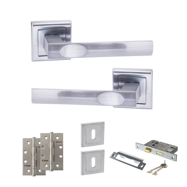 STATUS Kansas Door Handle Pack (3 Lever Lock Set - 3" CE Sashlock, 4" Slim Knuckle Hinges x2) - Satin Chrome - ADPS24SSC19 - Choice Handles