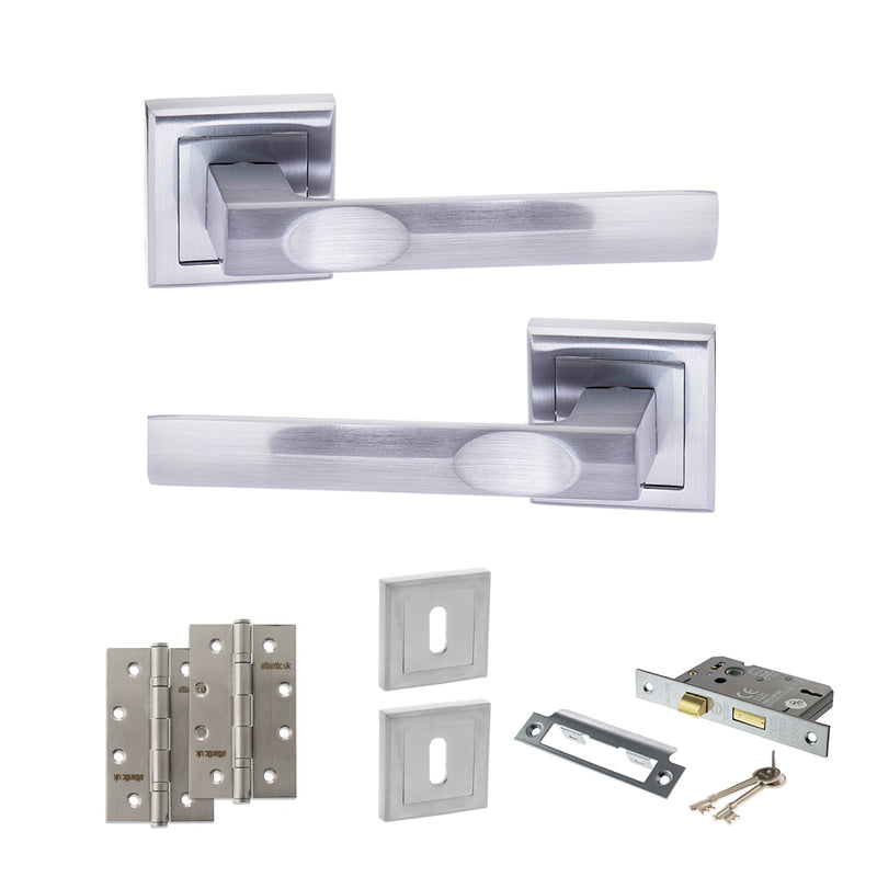 STATUS Kansas Door Handle Pack (3 Lever Lock Set - 3" CE Sashlock, 4" Slim Knuckle Hinges x2) - Satin Chrome - ADPS24SSC19 - Choice Handles