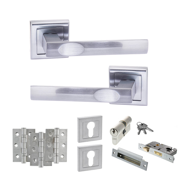 STATUS Kansas Door Handle Pack (Euro Lock Set - 2.5" CE Sashlock, 3" Fire Rated Hinges x3) - Satin Chrome - ADPS24SSC20 - Choice Handles