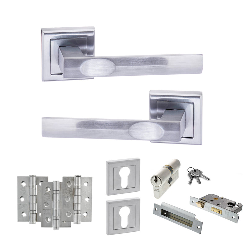 STATUS Kansas Door Handle Pack (Euro Lock Set - 2.5" CE Sashlock, 3" Fire Rated Hinges x3) - Satin Chrome - ADPS24SSC20 - Choice Handles