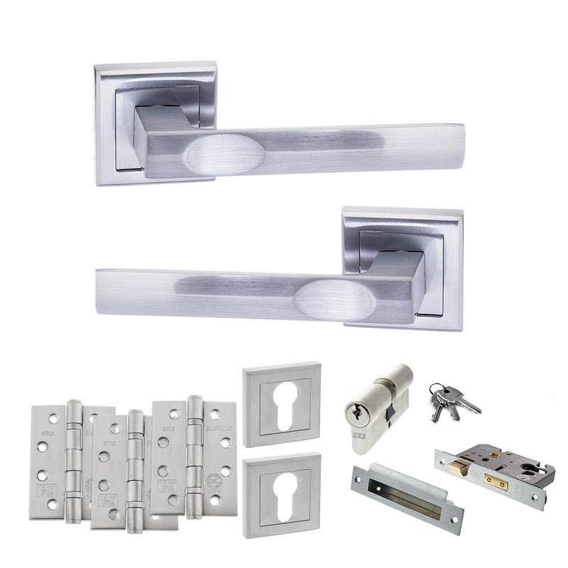STATUS Kansas Door Handle Pack (Euro Lock Set - 2.5" CE Sashlock, 4" Fire Rated Hinges x3) - Satin Chrome - ADPS24SSC22 - Choice Handles