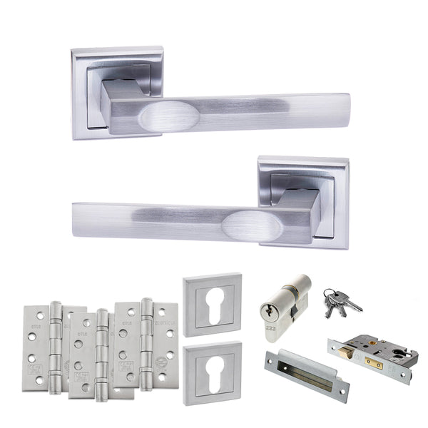 STATUS Kansas Door Handle Pack (Euro Lock Set - 3" CE Sashlock, 4" Fire Rated Hinges x3) - Satin Chrome - ADPS24SSC23 - Choice Handles