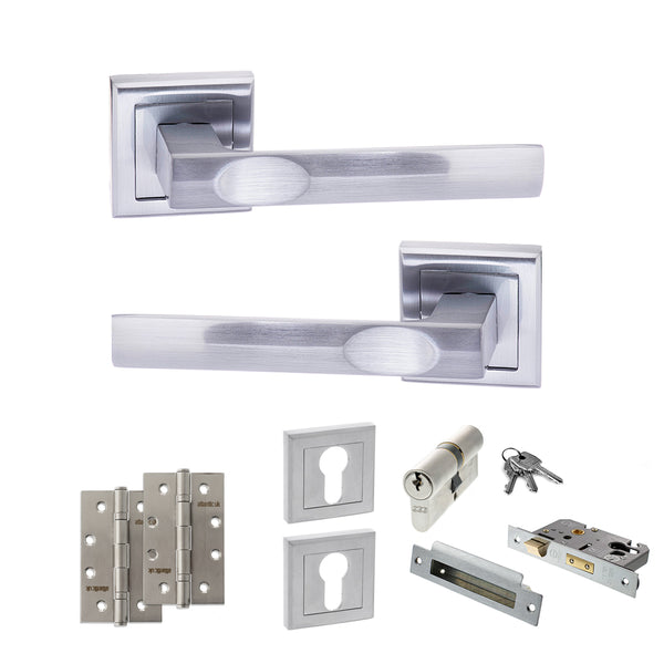 STATUS Kansas Door Handle Pack (Euro Lock Set - 2.5" CE Sashlock, 4" Slim Knuckle Hinges x2) - Satin Chrome - ADPS24SSC24 - Choice Handles