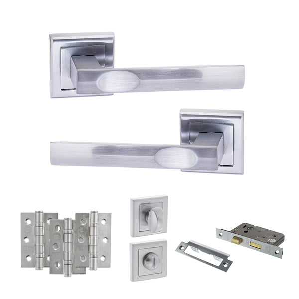 STATUS Kansas Door Handle Pack (Bathroom Set - 3" CE Bathroom Lock, 3" Fire Rated Hinges x3) - Satin Chrome - ADPS24SSC9 - Choice Handles