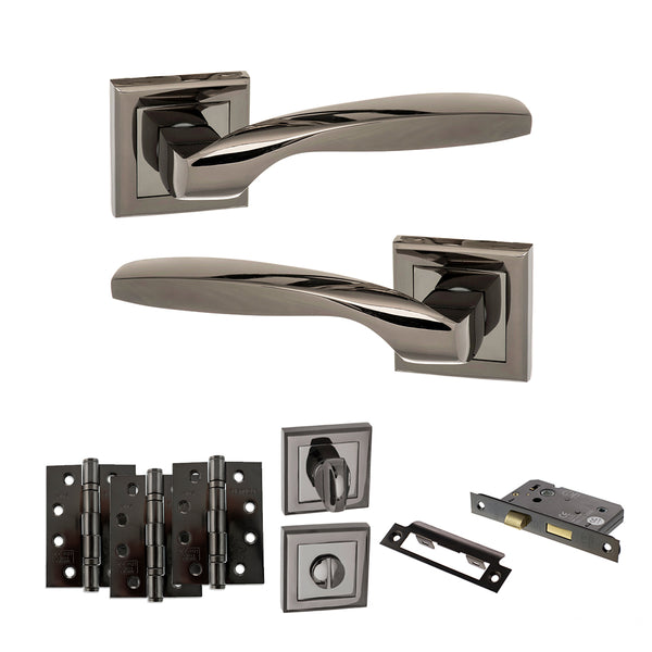 STATUS Oklahoma Door Handle Pack (Bathroom Set - 2.5" CE Bathroom Lock, 4" Fire Rated Hinges x3) - Black Nickel - ADPS25SBN10 - Choice Handles
