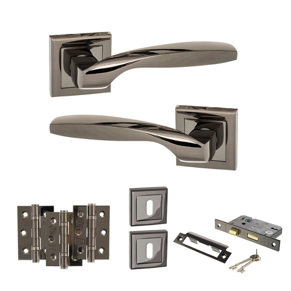STATUS Oklahoma Door Handle Pack (3 Lever Lock Set - 2.5" CE Sashlock, 3" Fire Rated Hinges x3) - Black Nickel - ADPS25SBN14 - Choice Handles