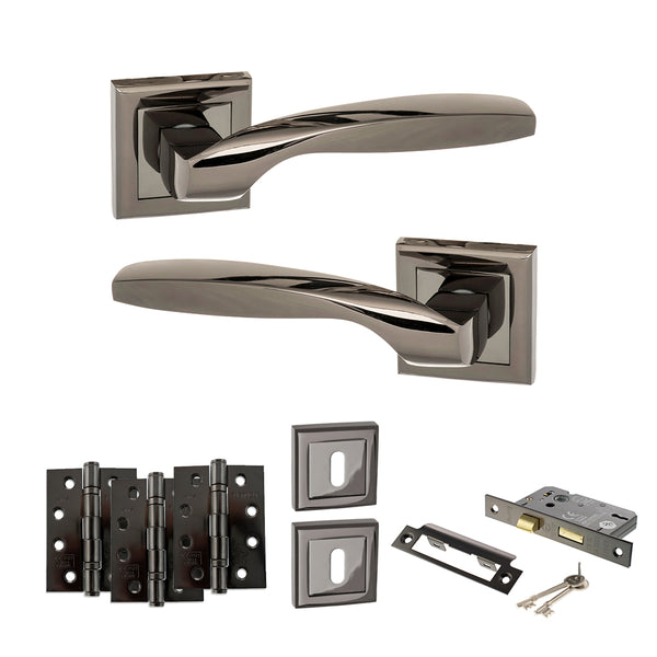 STATUS Oklahoma Door Handle Pack (3 Lever Lock Set - 3" CE Sashlock, 4" Fire Rated Hinges x3) - Black Nickel - ADPS25SBN17 - Choice Handles