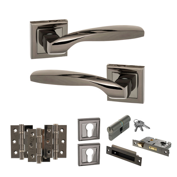 STATUS Oklahoma Door Handle Pack (Euro Lock Set - 2.5" CE Sashlock, 3" Fire Rated Hinges x3) - Black Nickel - ADPS25SBN20 - Choice Handles