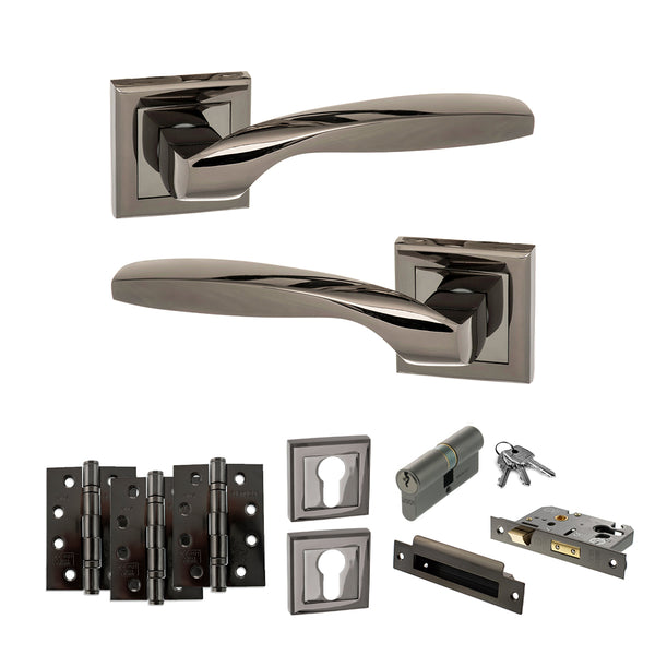 STATUS Oklahoma Door Handle Pack (Euro Lock Set - 3" CE Sashlock, 4" Fire Rated Hinges x3) - Black Nickel - ADPS25SBN23 - Choice Handles