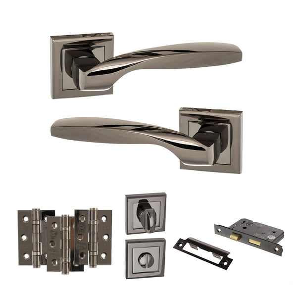 STATUS Oklahoma Door Handle Pack (Bathroom Set - 2.5" CE Bathroom Lock, 3" Fire Rated Hinges x3) - Black Nickel - ADPS25SBN8