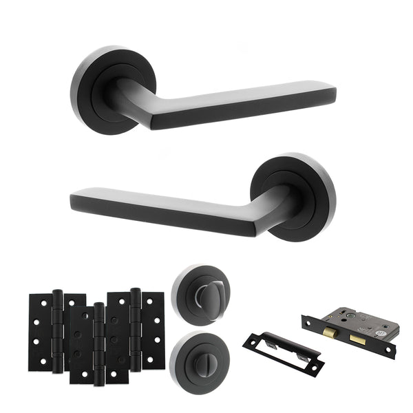 STATUS Alaska Door Handle Pack (Bathroom Set - 2.5" CE Bathroom Lock, 4" Fire Rated Hinges x3) - Matt Black - ADPS26RMB10 - Choice Handles