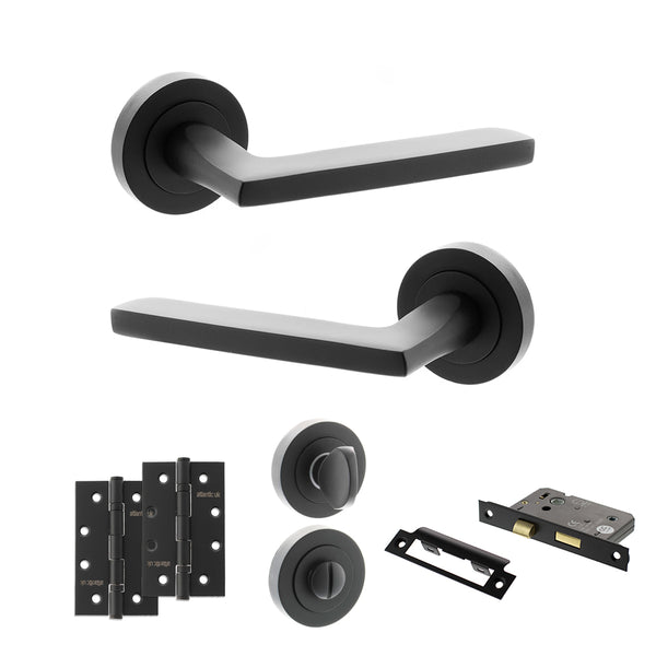 STATUS Alaska Door Handle Pack (Bathroom Set - 3" CE Bathroom Lock, 4" Slim Knuckle Hinges x2) - Matt Black - ADPS26RMB13 - Choice Handles