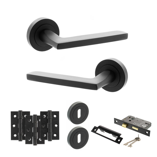 STATUS Alaska Door Handle Pack (3 Lever Lock Set - 2.5" CE Sashlock, 3" Fire Rated Hinges x3) - Matt Black - ADPS26RMB14 - Choice Handles