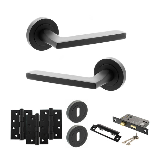 STATUS Alaska Door Handle Pack (3 Lever Lock Set - 2.5" CE Sashlock, 4" Fire Rated Hinges x3) - Matt Black - ADPS26RMB16 - Choice Handles