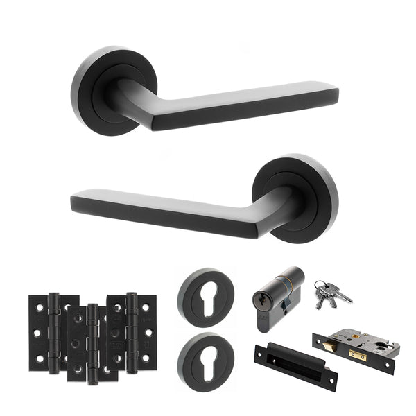 STATUS Alaska Door Handle Pack (Euro Lock Set - 2.5" CE Sashlock, 3" Fire Rated Hinges x3) - Matt Black - ADPS26RMB20 - Choice Handles