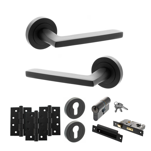STATUS Alaska Door Handle Pack (Euro Lock Set - 3" CE Sashlock, 4" Fire Rated Hinges x3) - Matt Black - ADPS26RMB23 - Choice Handles