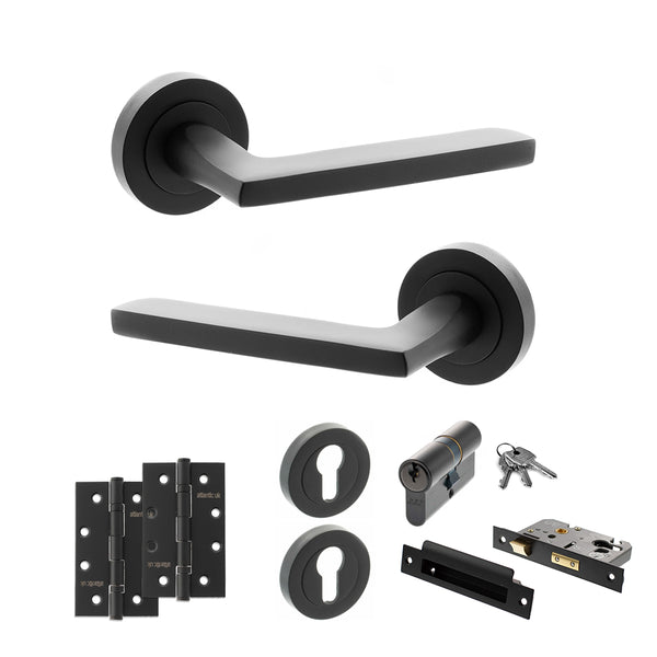STATUS Alaska Door Handle Pack (Euro Lock Set - 2.5" CE Sashlock, 4" Slim Knuckle Hinges x2) - Matt Black - ADPS26RMB24 - Choice Handles