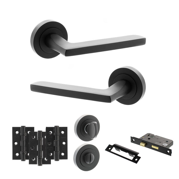 STATUS Alaska Door Handle Pack (Bathroom Set - 2.5" CE Bathroom Lock, 3" Fire Rated Hinges x3) - Matt Black - ADPS26RMB8 - Choice Handles
