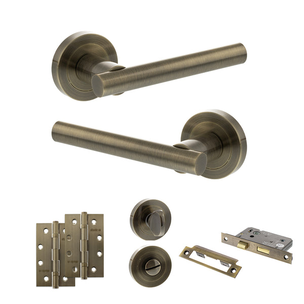 STATUS Nebraska Door Handle Pack (Bathroom Set - 3" CE Bathroom Lock, 4" Slim Knuckle Hinges x2) - Antique Brass - ADPS28RAB13 - Choice Handles