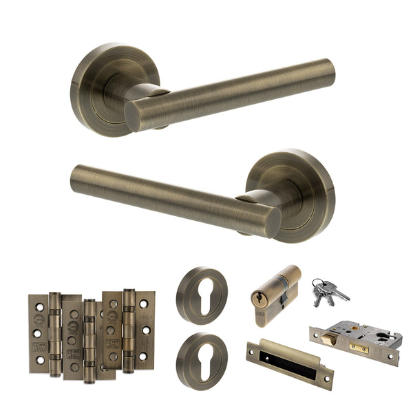 STATUS Nebraska Door Handle Pack (Euro Lock Set - 2.5" CE Sashlock, 3" Fire Rated Hinges x3) - Antique Brass - ADPS28RAB20 - Choice Handles