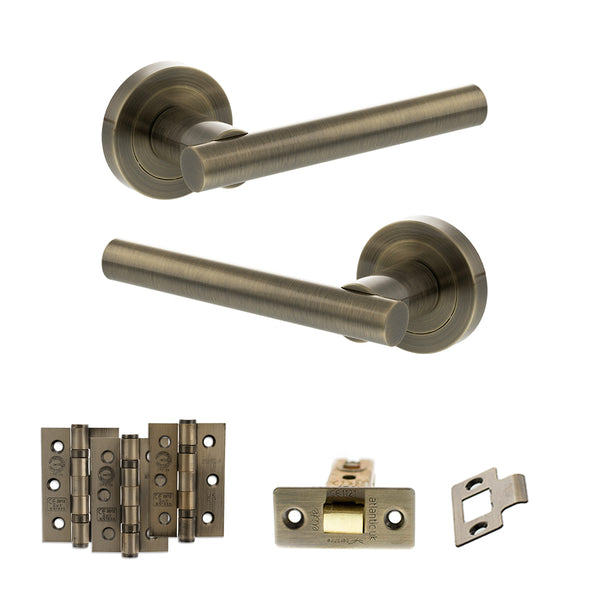 STATUS Nebraska Door Handle Pack (Latch Set - 3" CE Latch, 3" Fire Rated Hinges x3) - Antique Brass - ADPS28RAB2