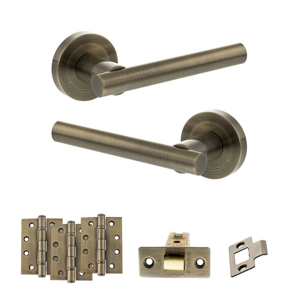 STATUS Nebraska Door Handle Pack (Latch Set - 2.5" CE Latch, 4" Fire Rated Hinges x3) - Antique Brass - ADPS28RAB3 - Choice Handles