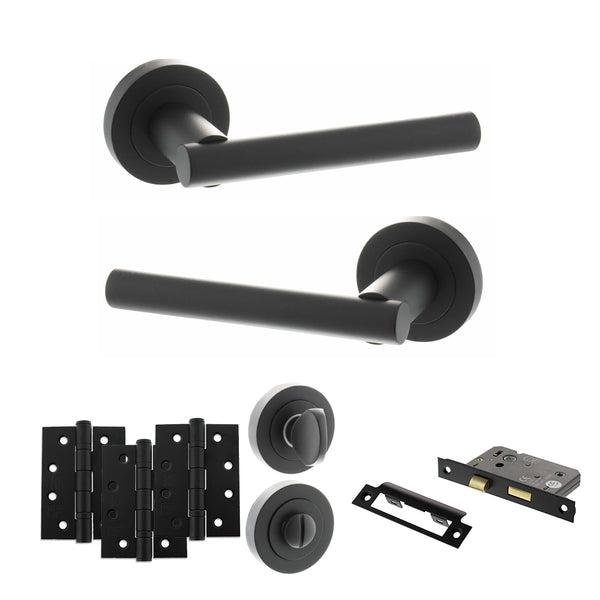 STATUS Nebraska Door Handle Pack (Bathroom Set - 3" CE Bathroom Lock, 4" Fire Rated Hinges x3) - Matt Black - ADPS28RMB11 - Choice Handles
