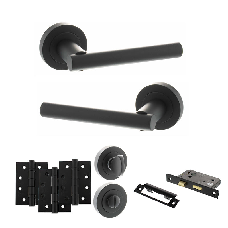 STATUS Nebraska Door Handle Pack (Bathroom Set - 3" CE Bathroom Lock, 4" Fire Rated Hinges x3) - Matt Black - ADPS28RMB11 - Choice Handles