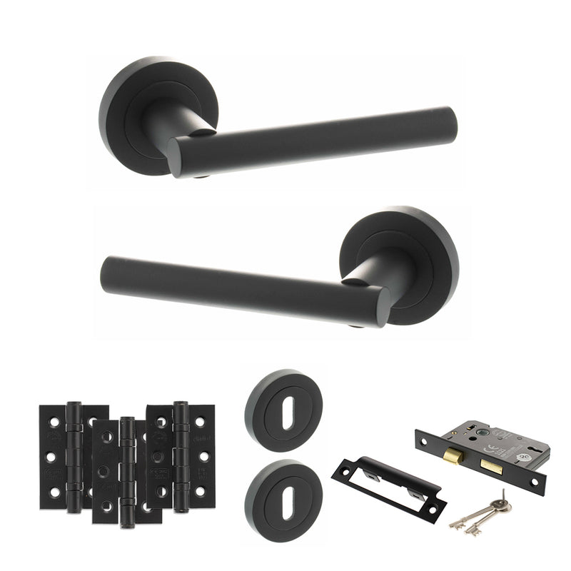 STATUS Nebraska Door Handle Pack (3 Lever Lock Set - 2.5" CE Sashlock, 3" Fire Rated Hinges x3) - Matt Black - ADPS28RMB14