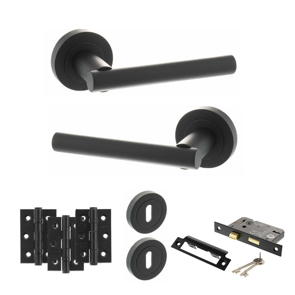 STATUS Nebraska Door Handle Pack (3 Lever Lock Set - 3" CE Sashlock, 3" Fire Rated Hinges x3) - Matt Black - ADPS28RMB15 - Choice Handles