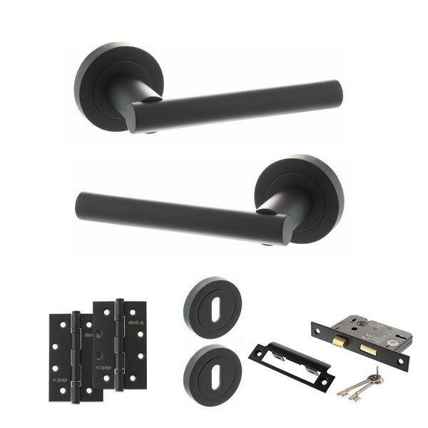 STATUS Nebraska Door Handle Pack (3 Lever Lock Set - 3" CE Sashlock, 4" Slim Knuckle Hinges x2) - Matt Black - ADPS28RMB19 - Choice Handles