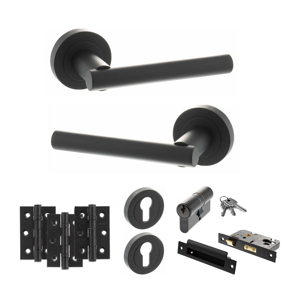 STATUS Nebraska Door Handle Pack (Euro Lock Set - 2.5" CE Sashlock, 3" Fire Rated Hinges x3) - Matt Black - ADPS28RMB20 - Choice Handles