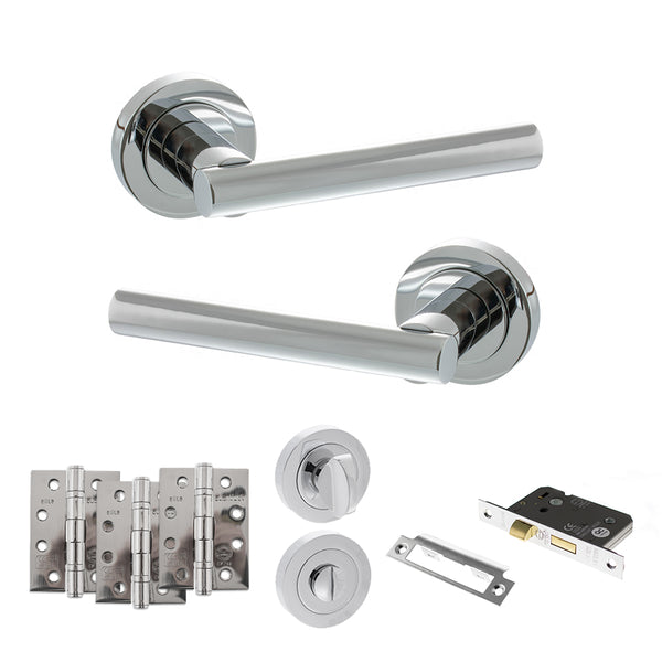STATUS Nebraska Door Handle Pack (Bathroom Set - 3" CE Bathroom Lock, 4" Fire Rated Hinges x3) - Polished Chrome - ADPS28RPC11 - Choice Handles