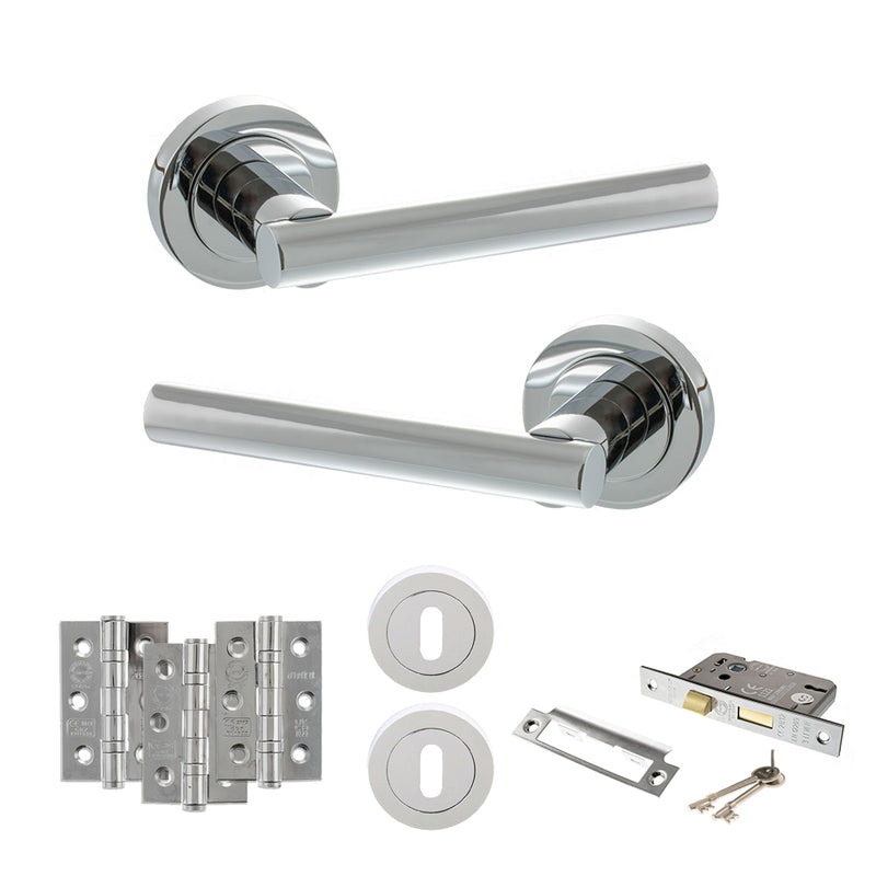 STATUS Nebraska Door Handle Pack (3 Lever Lock Set - 3" CE Sashlock, 3" Fire Rated Hinges x3) - Polished Chrome - ADPS28RPC15 - Choice Handles