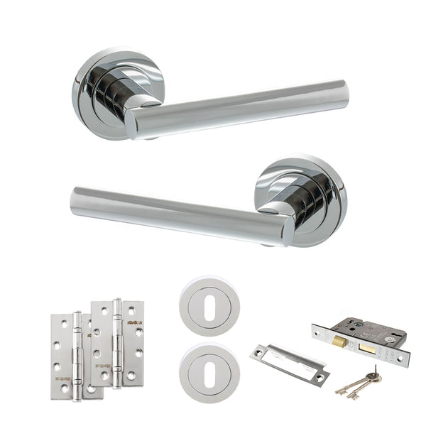 STATUS Nebraska Door Handle Pack (3 Lever Lock Set - 2.5" CE Sashlock, 4" Slim Knuckle Hinges x2) - Polished Chrome - ADPS28RPC18 - Choice Handles