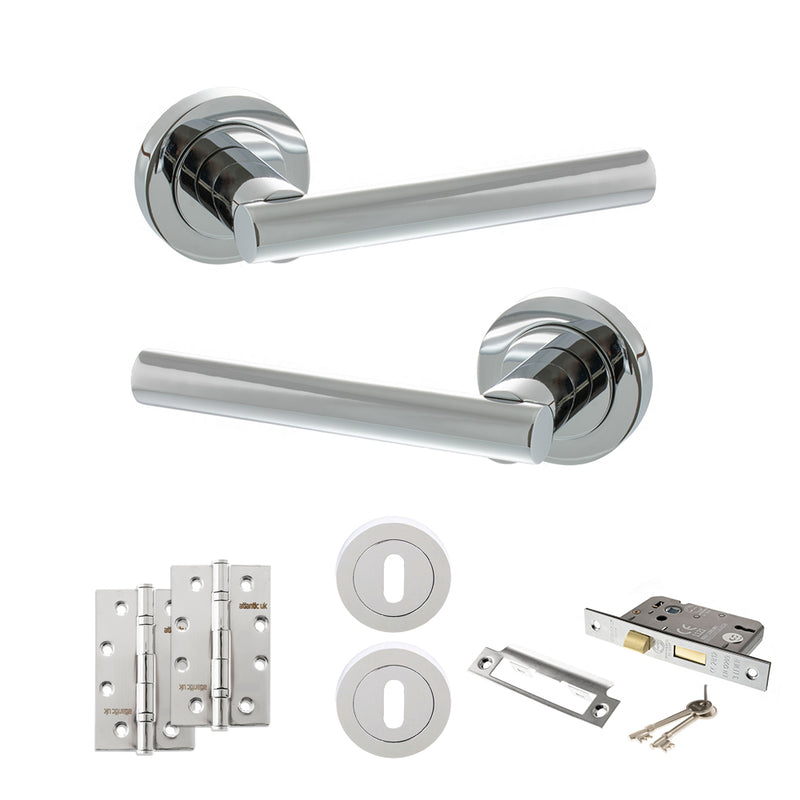 STATUS Nebraska Door Handle Pack (3 Lever Lock Set - 3" CE Sashlock, 4" Slim Knuckle Hinges x2) - Polished Chrome - ADPS28RPC19 - Choice Handles