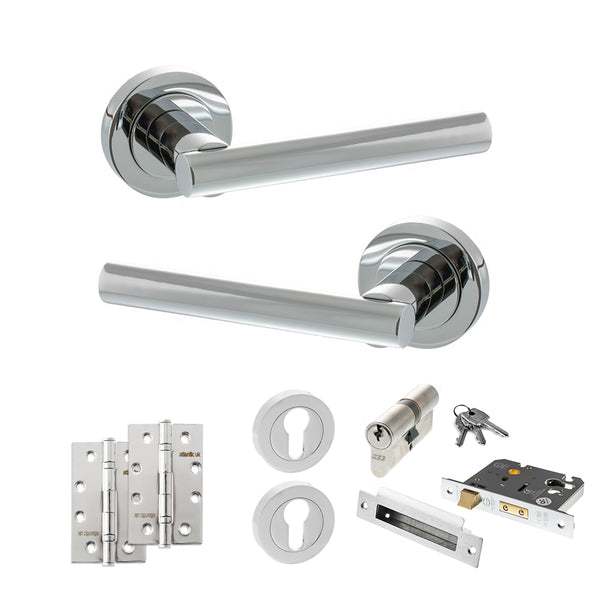 STATUS Nebraska Door Handle Pack (Euro Lock Set - 2.5" CE Sashlock, 4" Slim Knuckle Hinges x2) - Polished Chrome - ADPS28RPC24 - Choice Handles