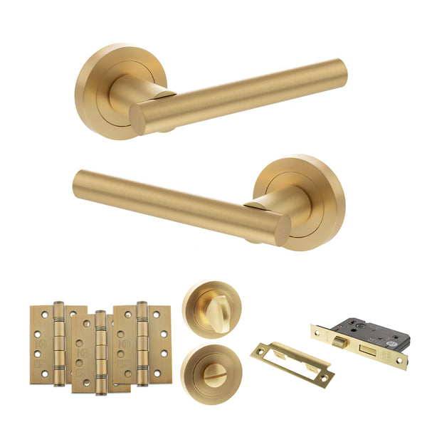 STATUS Nebraska Door Handle Pack (Bathroom Set - 3" CE Bathroom Lock, 4" Fire Rated Hinges x3) - Satin Brass - ADPS28RSB11 - Choice Handles