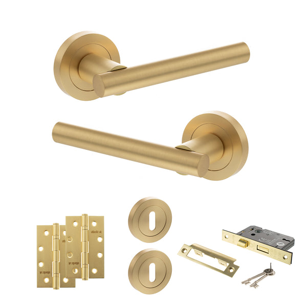STATUS Nebraska Door Handle Pack (3 Lever Lock Set - 2.5" CE Sashlock, 4" Slim Knuckle Hinges x2) - Satin Brass - ADPS28RSB18 - Choice Handles