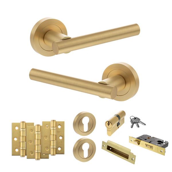 STATUS Nebraska Door Handle Pack (Euro Lock Set - 2.5" CE Sashlock, 3" Fire Rated Hinges x3) - Satin Brass - ADPS28RSB20 - Choice Handles