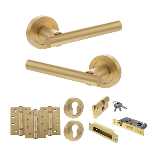 STATUS Nebraska Door Handle Pack (Euro Lock Set - 2.5" CE Sashlock, 4" Fire Rated Hinges x3) - Satin Brass - ADPS28RSB22 - Choice Handles