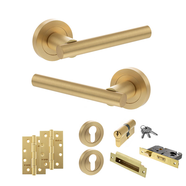 STATUS Nebraska Door Handle Pack (Euro Lock Set - 2.5" CE Sashlock, 4" Slim Knuckle Hinges x2) - Satin Brass - ADPS28RSB24 - Choice Handles