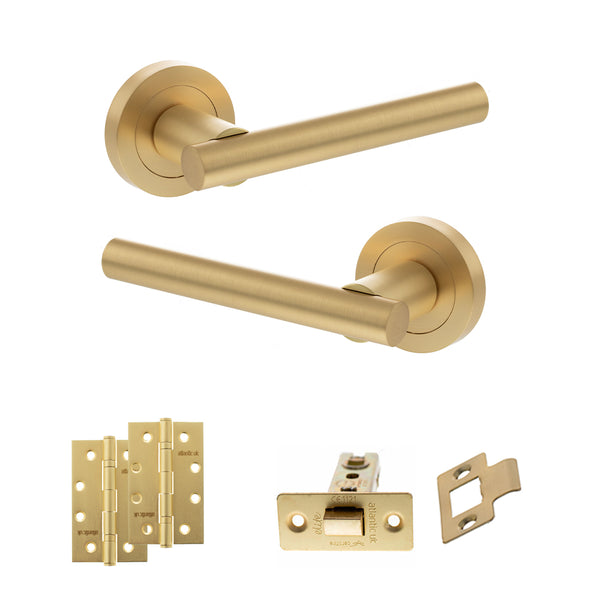 STATUS Nebraska Door Handle Pack (Latch Set - 3" CE Latch, 4" Slim Knuckle Hinges x2) - Satin Brass - ADPS28RSB6 - Choice Handles